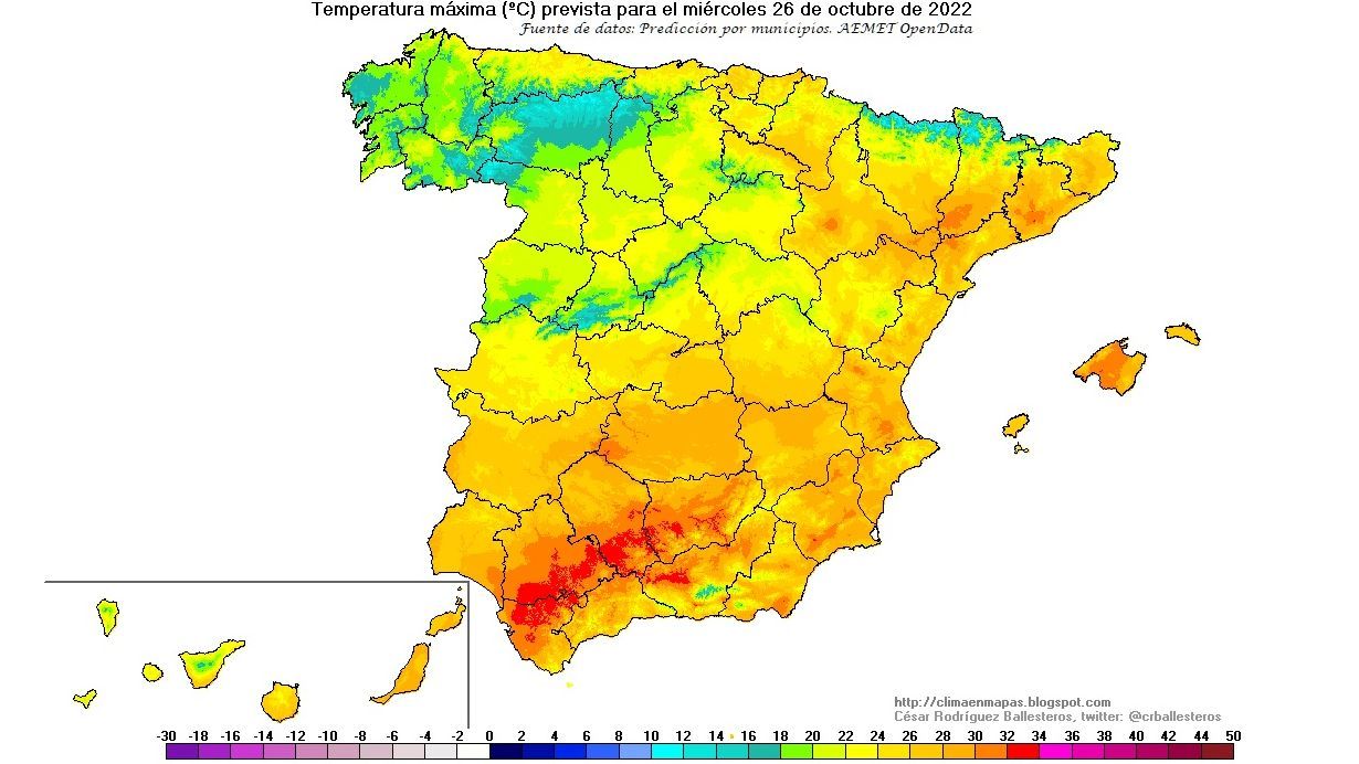 Temperaturas máximas previstas para el miércoles 26