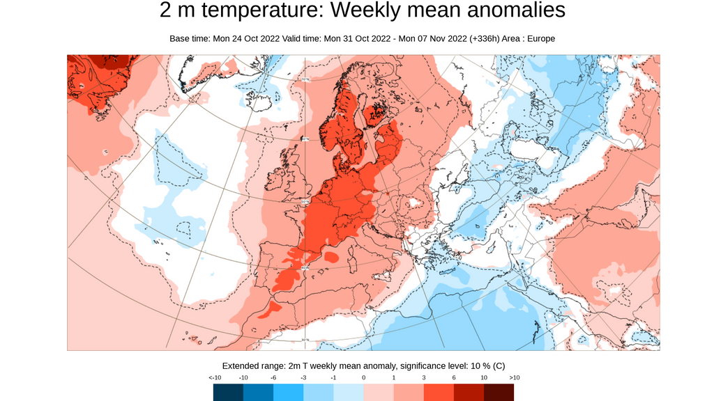 Anomalía de la temperatura media prevista para la semana del 31 oct al 6 nov