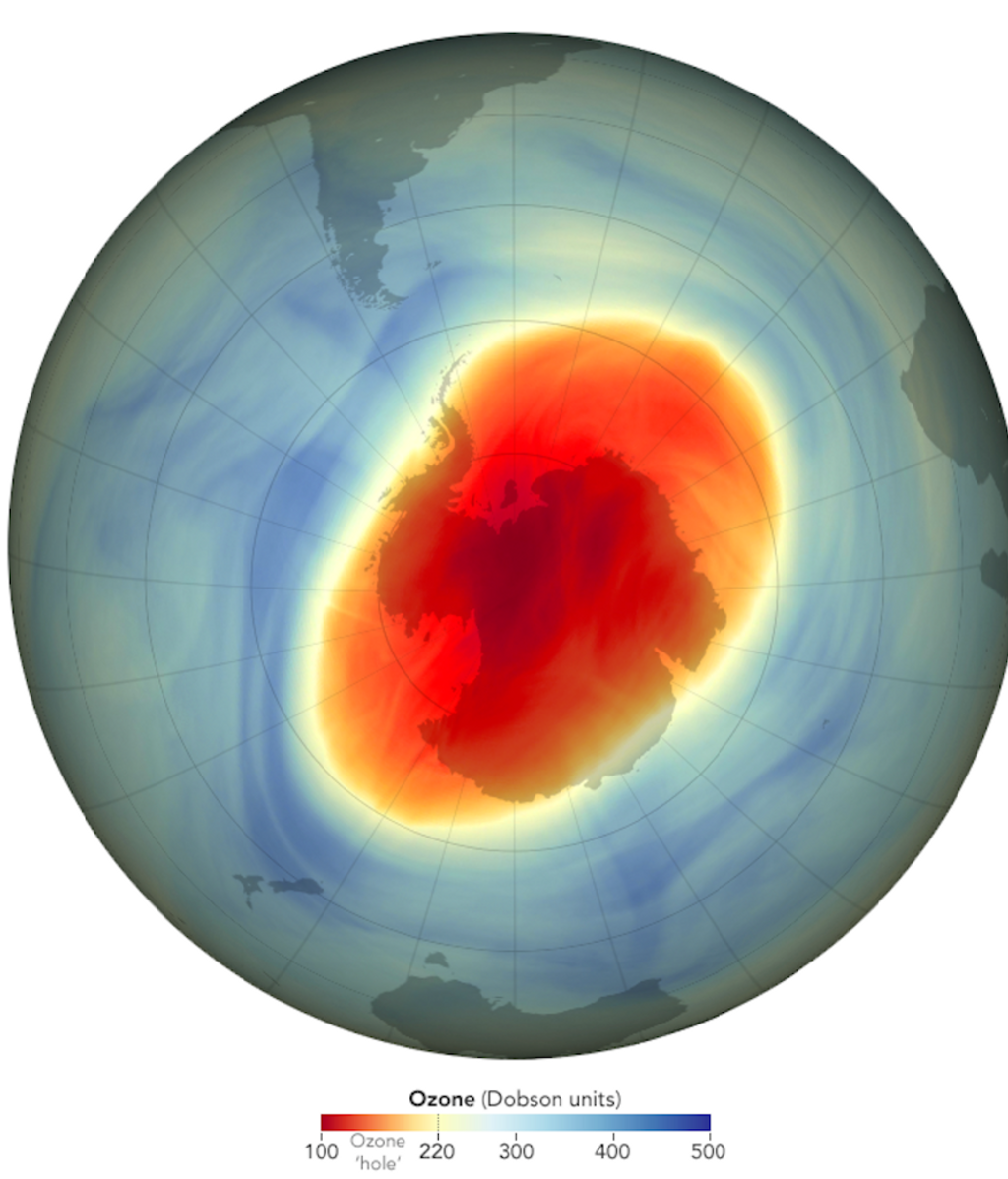 Tamaño y la forma del agujero de ozono sobre el Polo Sur el 5 de octubre de 2022, cuando alcanzó su extensión máxima en 2022