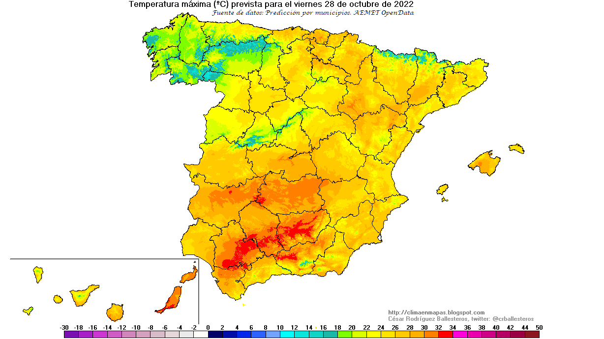 Temperaturas máximas previstas para el viernes 28