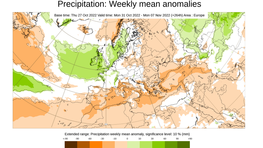 Anomalía de la precipitación prevista para la semana del 31 al 6 nov