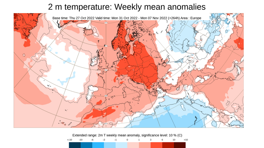 Anomalía de la temperatura prevista para la semana del 31 al 6 de nov