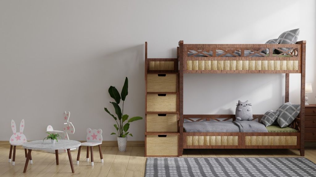 Litera con cama de matrimonio de madera de pino maciza con acabado en color  blanco decapé