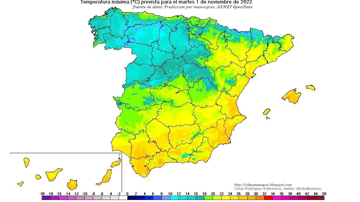 Temperaturas máximas previstas para el martes 1