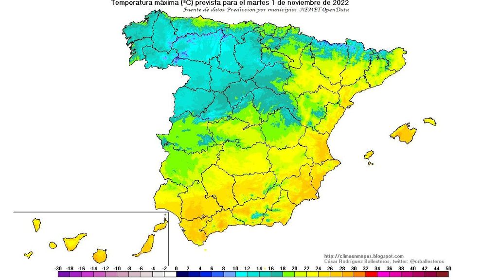 Temperaturas máximas previstas para el martes 1