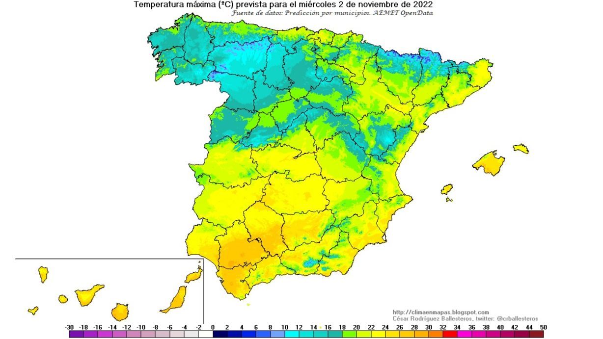 Temperaturas máximas previstas para el miércoles 2