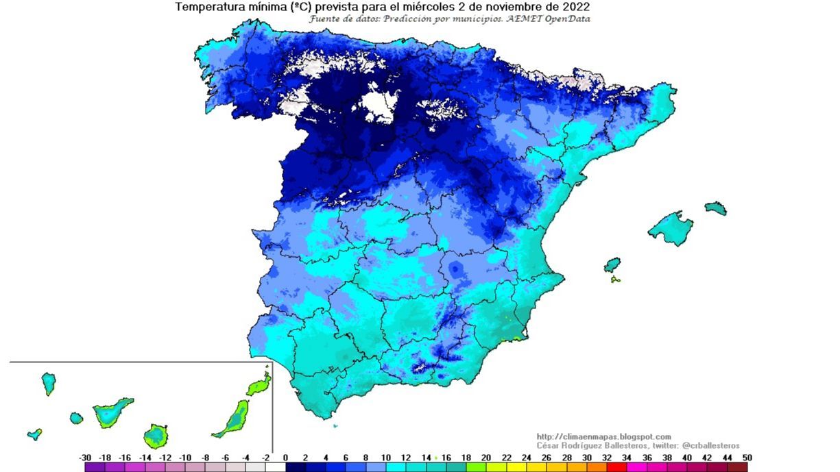 Temperaturas mínimas previstas para el miércoles 2