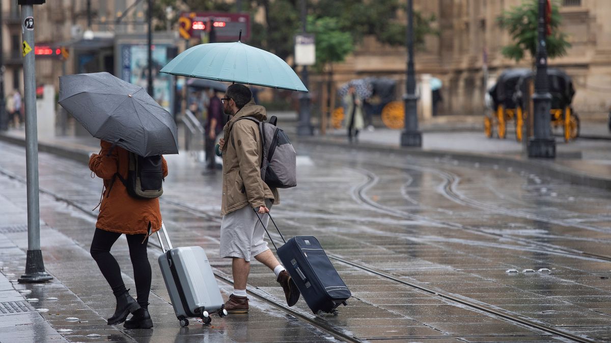 Una pareja con maletas se protegen de la lluvia bajo sus paraguas. A 21 de octubre de 2022, en Sevilla Una pareja con maletas se protegen de la lluvia bajo sus paraguas. A 21 de octubre de 2022, en Sevilla