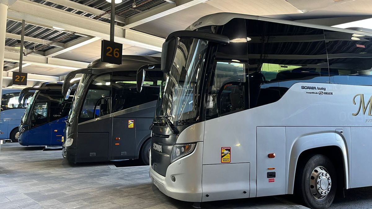 Autobuses esperando en la T1 de El Prat durante la huelga de tripulantes de cabina de Vueling Autobuses esperando en la T1 de El Prat durante la huelga de tripulantes de cabina de Vueling