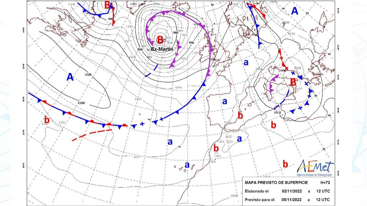 Frente asociado a exMartin llegando acercándose a la Península el sábado