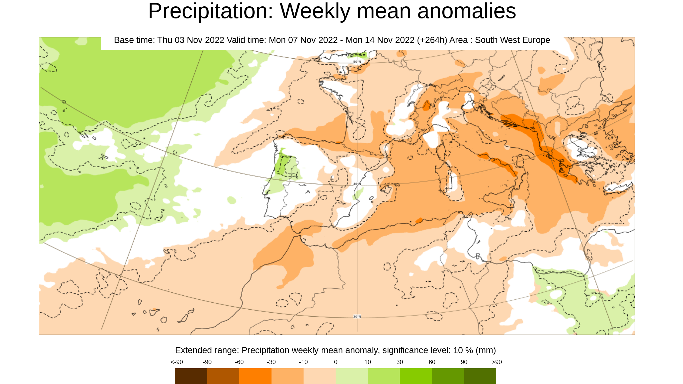 Anomalía de la precipitación prevista para la semana del 7 al 13 de nov