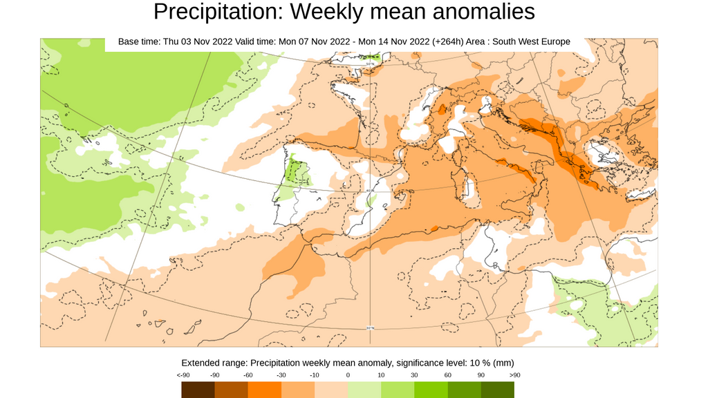 Anomalía de la precipitación prevista para la semana del 7 al 13 de nov