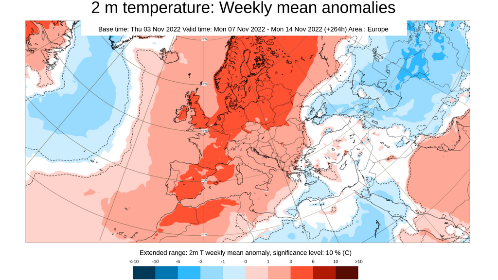 Anomalía de la temperatura prevista para la semana del 7 al 13 de nov