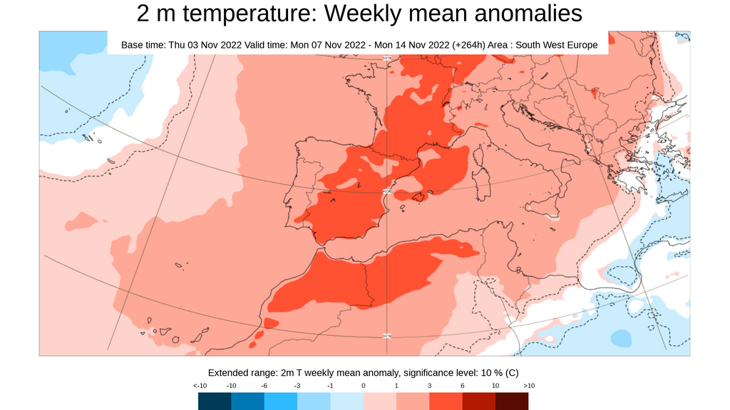 Anomalía de la temperatura prevista para la semana del 7 al 13 de nov