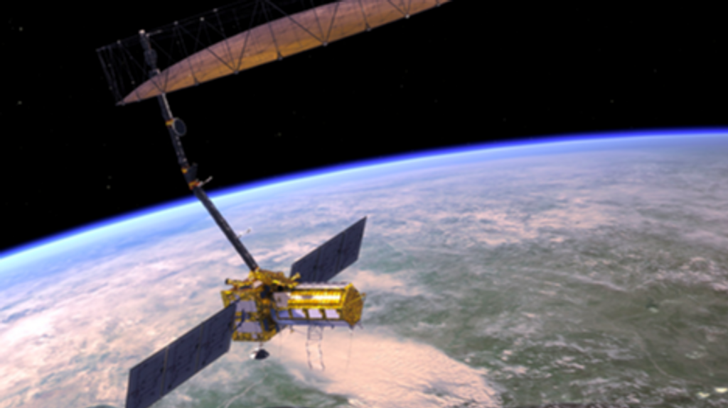 Representación artística del satélite NISAR en su órbita sobre la Tierra