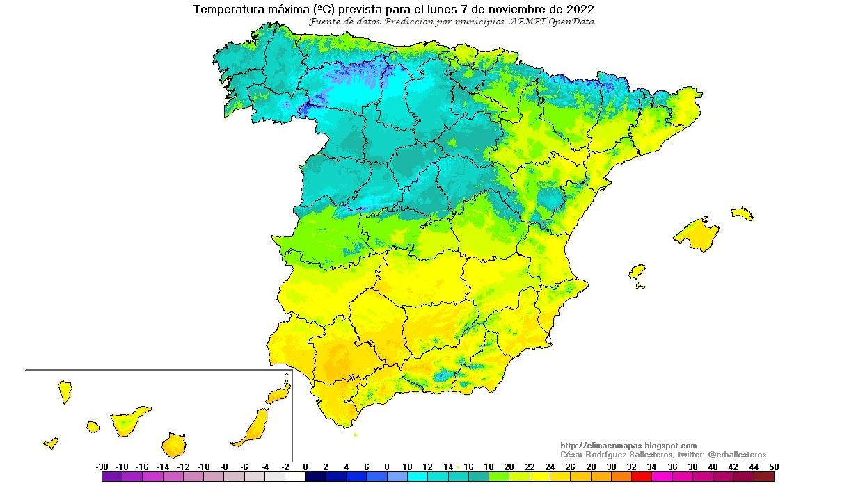 Temperaturas máximas previstas para el lunes 7