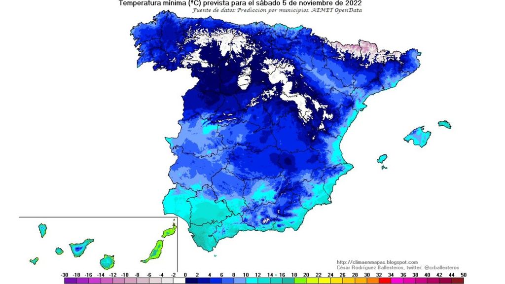 Temperaturas mínimas previstas para la madrugada del sábado 5