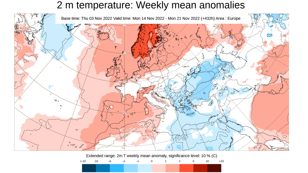 Anomalía de la temperatura media prevista para la semana que viene