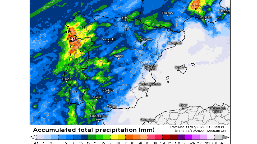 ´Precipitación acumulada hasta el jueves en España