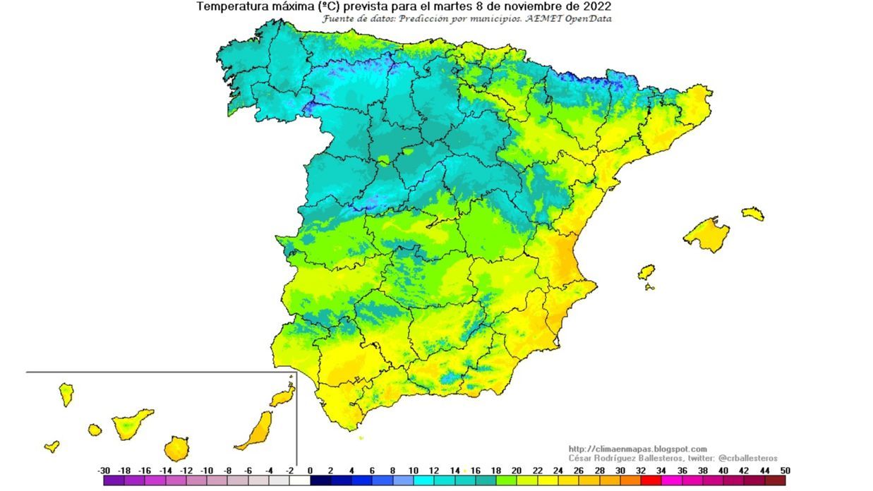 Temperaturas máximas previstas para el martes 8