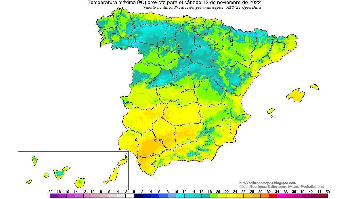 Temperaturas máximas previstas para el sábado 12