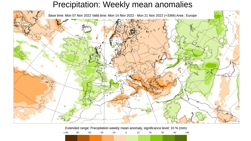 Anomalía de la precipitación prevista para la semana del 14 al 20 de nov