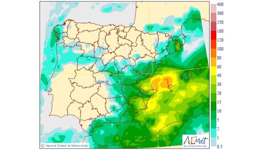 Precipitación máxima prevista para el jueves 10 en la Península y Baleares