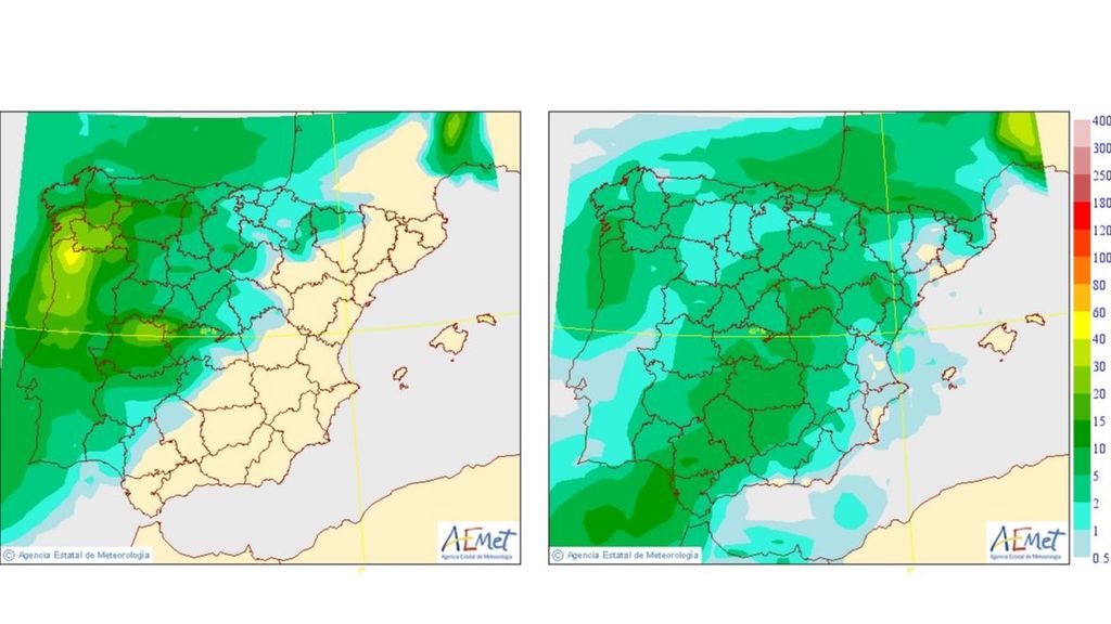Precipitación media prevista para el martes (izda) y miércoles (dcha)