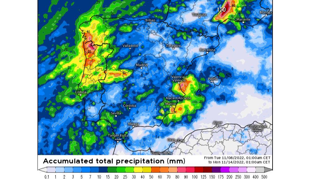 Precipitación prevista hasta el final del domingo 13