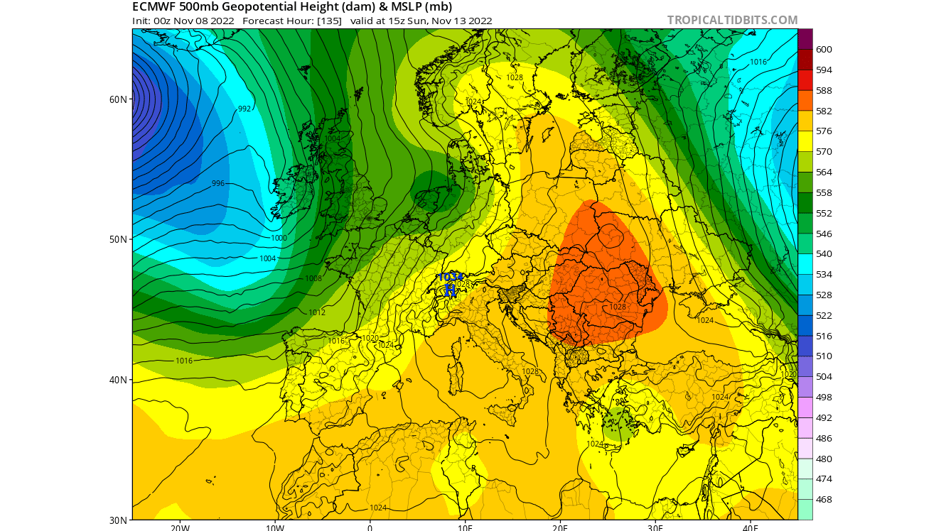 Temperatura y geopotencial 500 hPa, previsión domingo 13