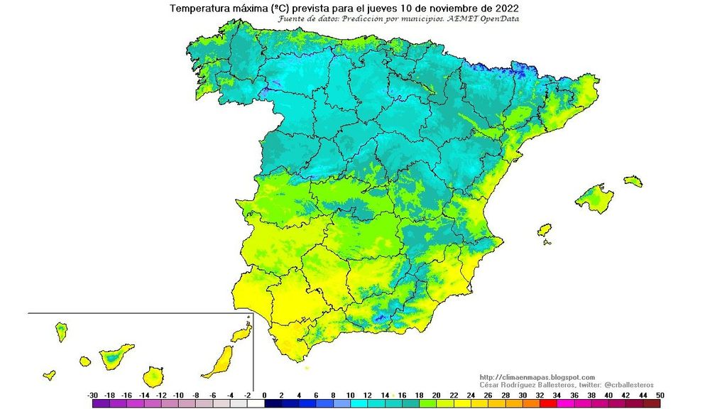 Temperaturas máximas previstas para el jueves 10