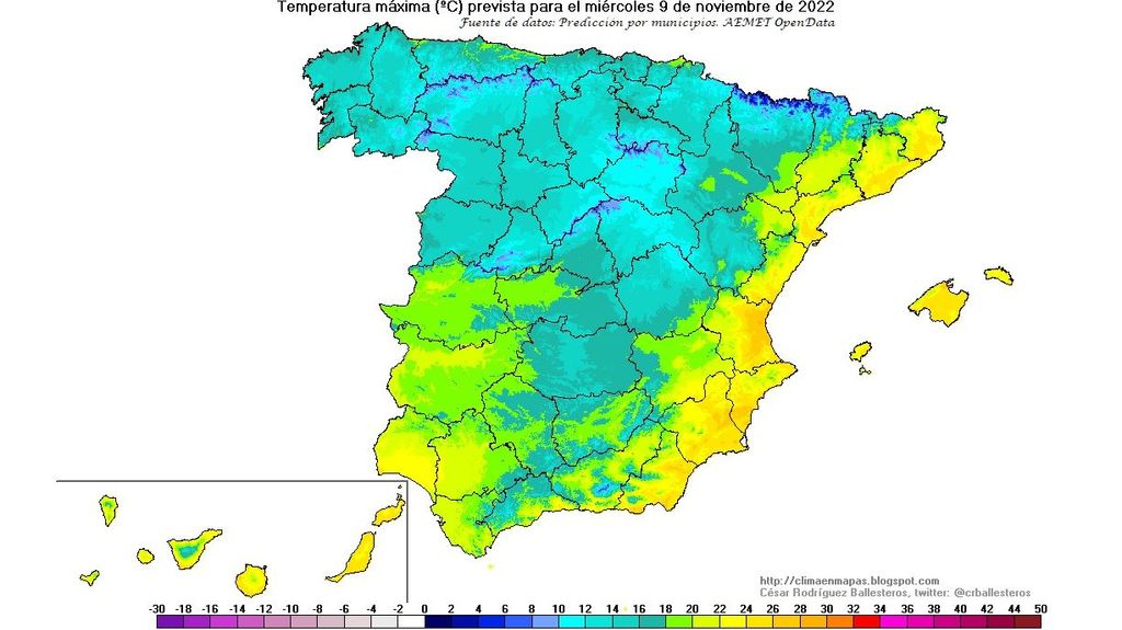 Temperaturas máximas previstas para el miércoles 9