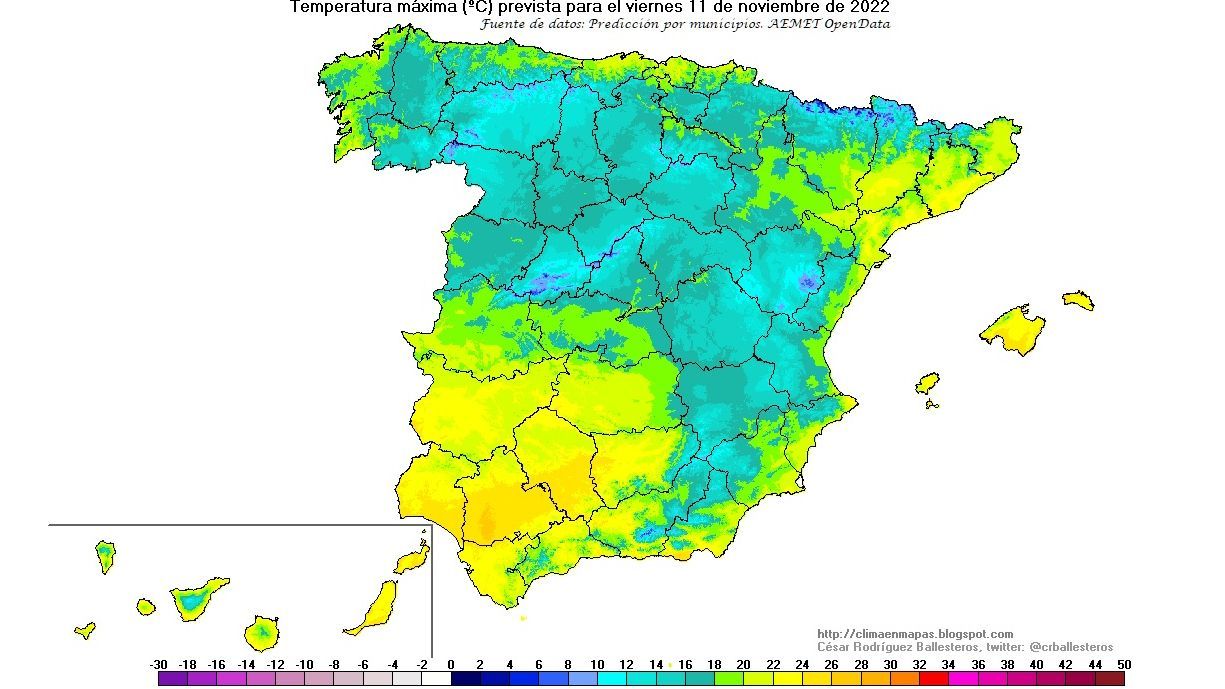 Temperaturas máximas previstas para el viernes 11 nov
