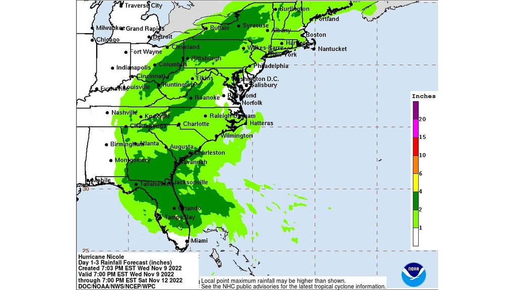 Lluvias potenciales por el huracán Nicole en EEUU los próximos días