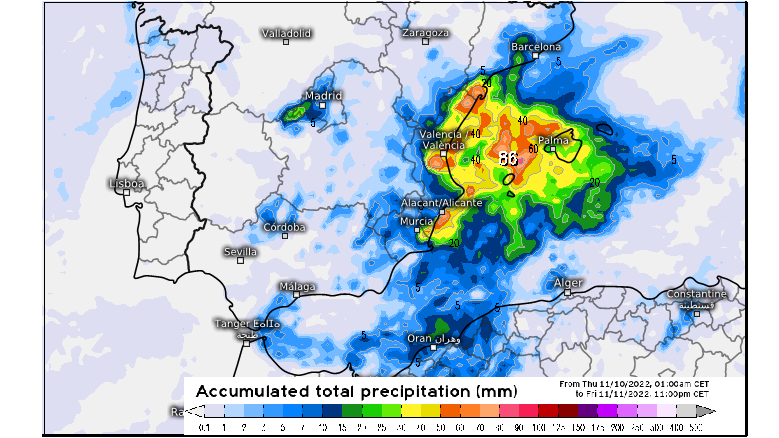 Precipitación prevista el jueves y viernes en el Mediterráneo
