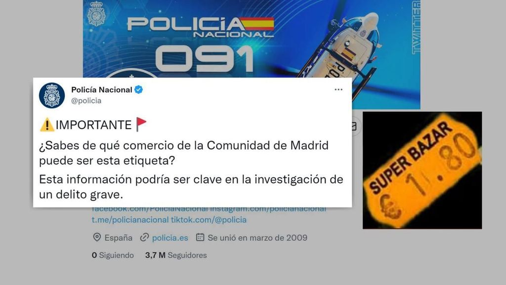 Tweet de la Policía Nacional pidiendo ayuda sobre el 'Crimen de la etiqueta'