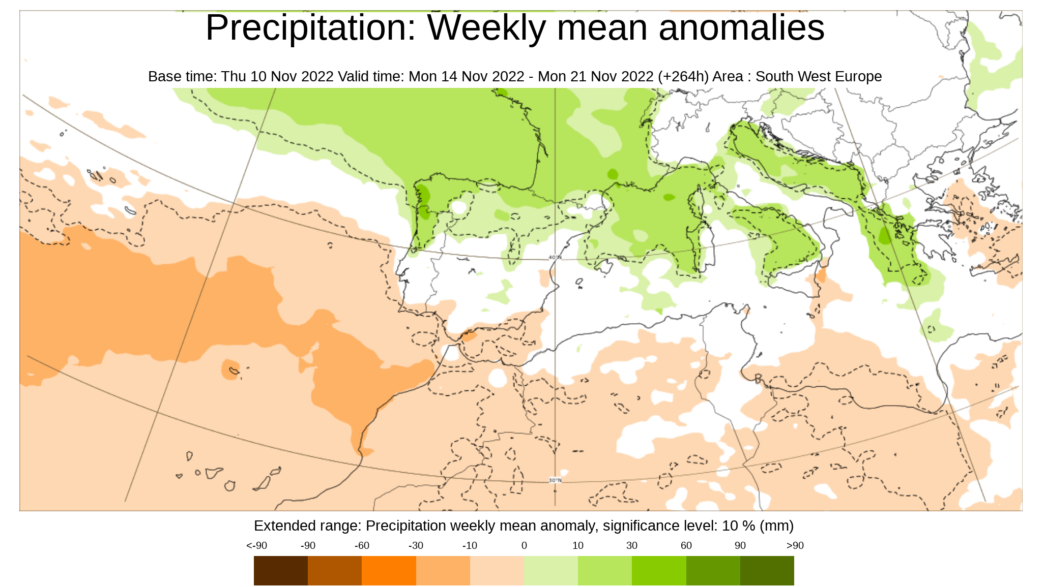 Anomalía de la precipitación prevista para la semana del 14 al 20 de nov