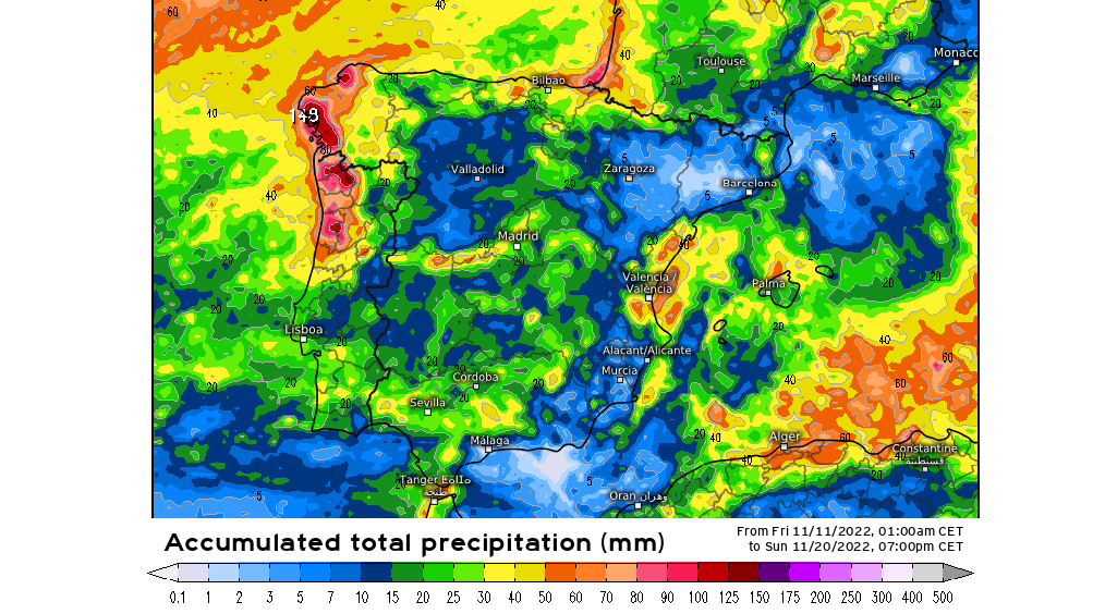 Precipitación prevista desde el viernes 11 hasta el domingo 20