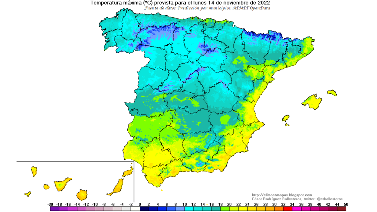 Temperaturas máximas previstas para el lunes 14