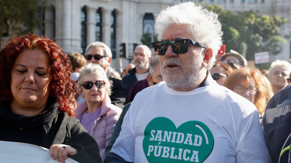 El cineasta Pedro Almodóvar, en la manifestación de Madrid por la Sanidad Pública