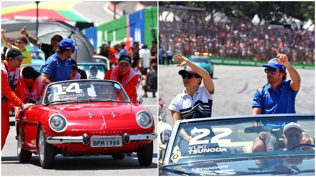 La mala suerte se ceba con Alonso hasta en el Drivers Parade: su coche se avería y tiene que subirse al de Tsunoda