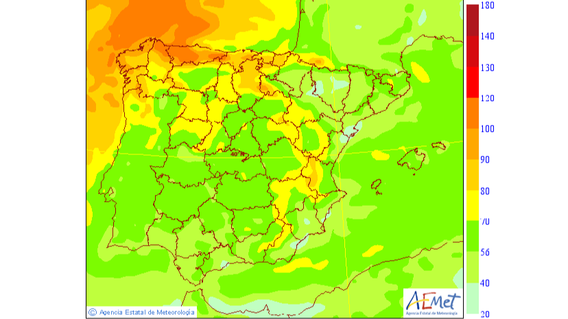 Probabilidad de racha máxima en la Península y Baleares el martes, 15 nov