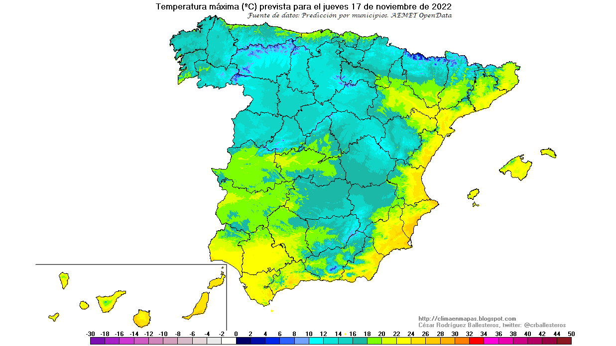 Temperaturas máximas previstas para el jueves 17