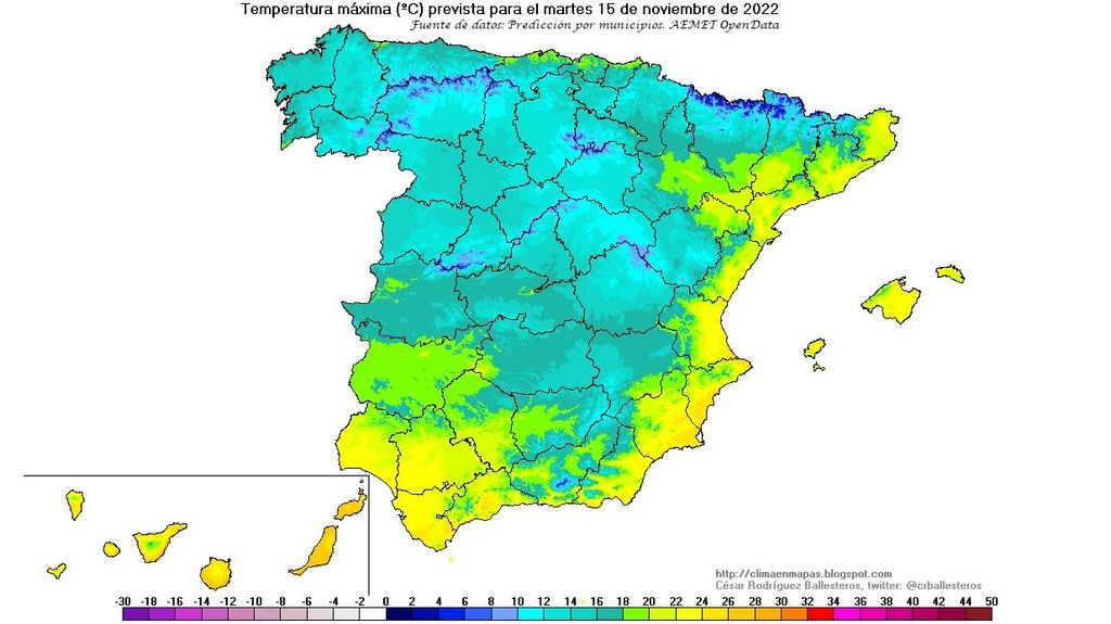 Temperaturas máximas previstas para el martes 15