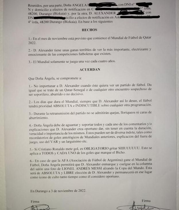 Documento firmado entre la pareja