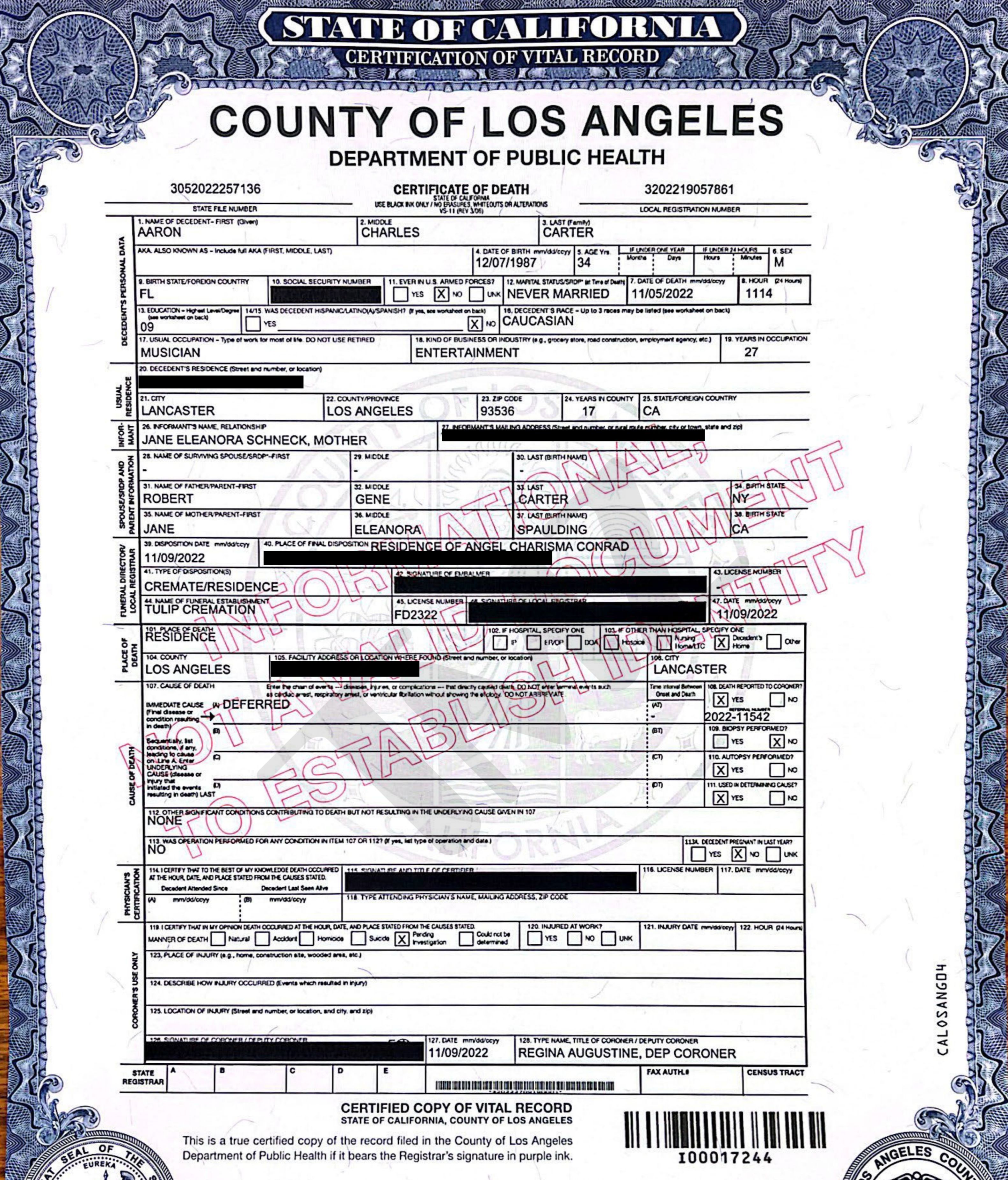 El certificado de defunción de Aaron Carter
