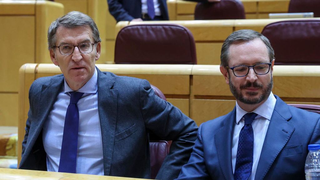 El presidente del PP, Alberto Núñez Feijóo, junto a su portavoz, Javier Maroto, ayer en el Senado