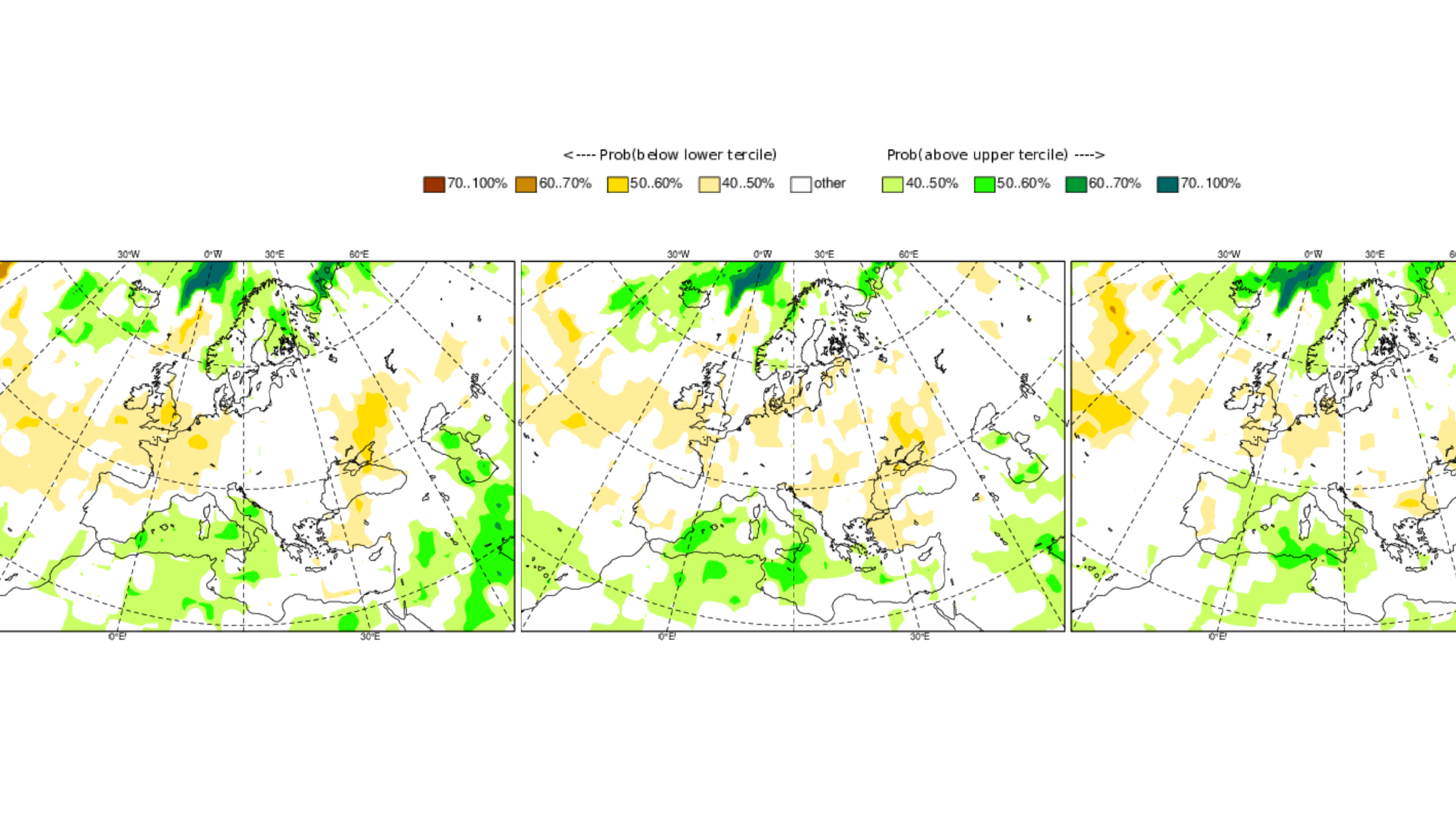 Anomalía de la precipitación prevista para diciembre, enero y febrero (de izda a dcha)