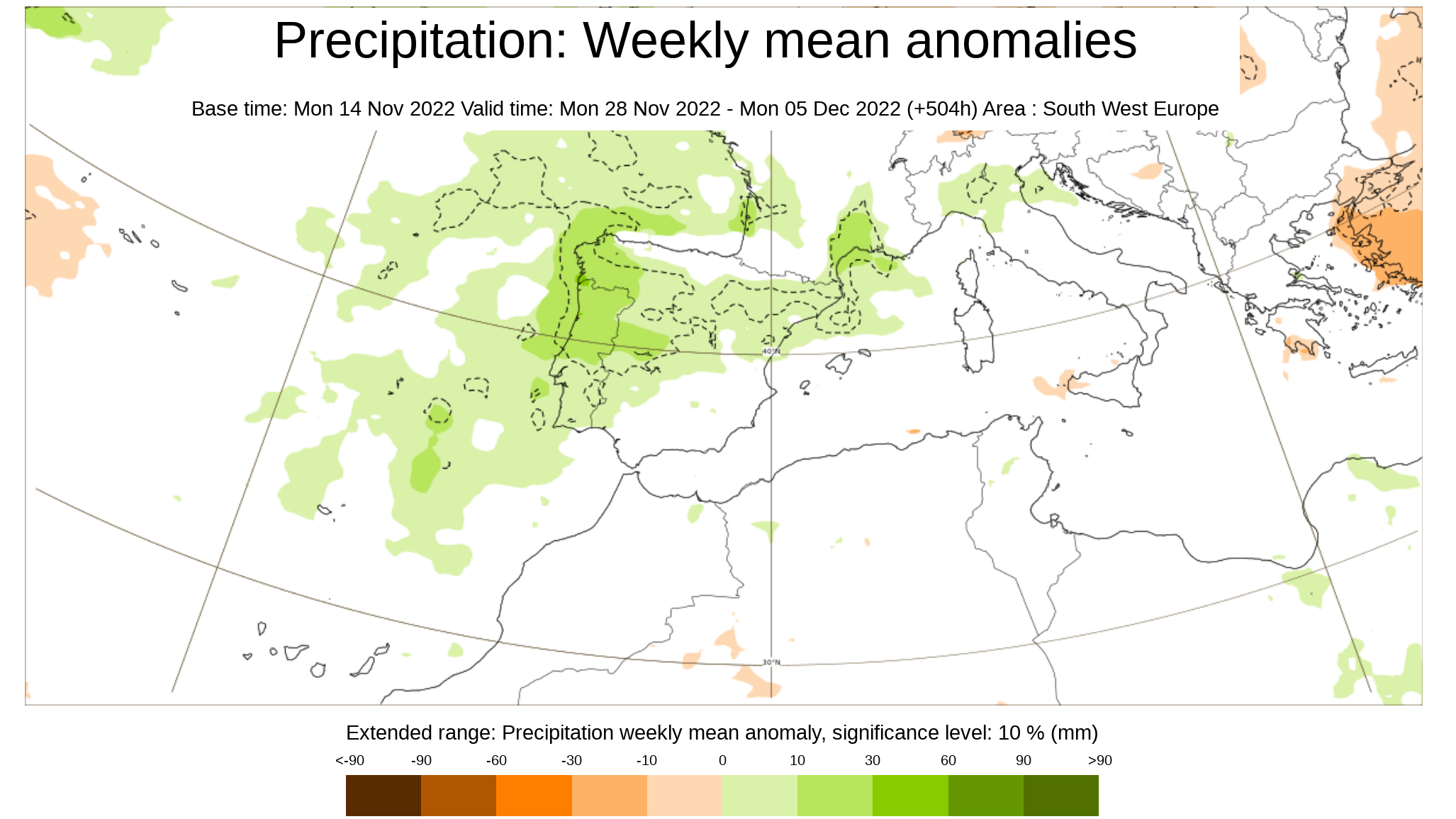 Anomalía de la precipitación prevista para la última semana de noviembre