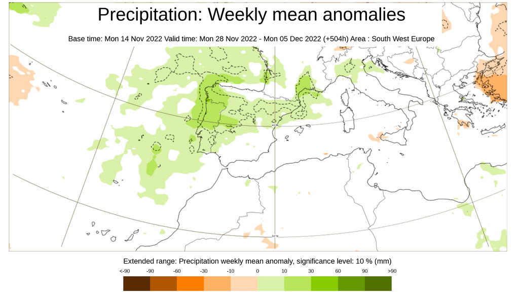 Anomalía de la precipitación prevista para la última semana de noviembre